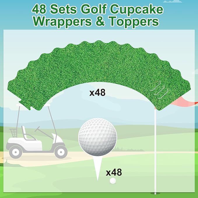 Nuenen 96 Pcs Golf Cupcake Toppers and Wrappers Kits Golf Ball Birthday Cake Decorations Cupcake Holders and Picks for Sports Theme Birthday Party Decorations Supplies (Heritage)