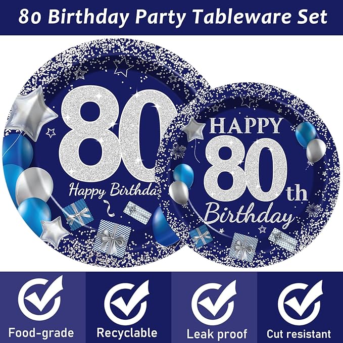 96 Pcs 80th Birthday Party Supplies Navy Blue and Silver Birthday Plates 80th Birthday Paper Tableware Happy Birthday Party Plates and Napkins Forks Blue Birthday Table Decorations for 24 Guests