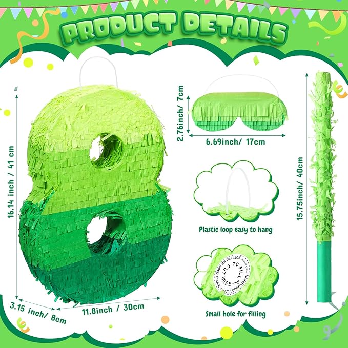 Number Piñata Decorations 16 Inch Gradient Green Piñata with Blindfold Stick and Confetti for Birthday Baby Shower Safari Jungle Themed Party Supplies Centerpiece(Number 8)