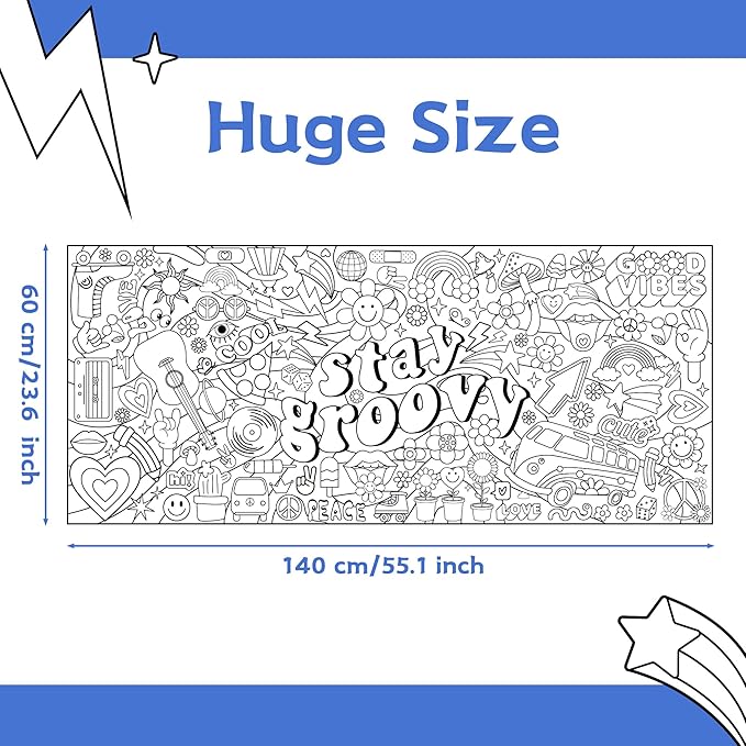 Dvbonike Jumbo Stay Groovy Coloring Poster Retro Hippie Boho Patterns DIY Drawing Color-in Paper Blank Doodle Art Banner 55.1 x 23.6 Inch Decor, School Group Activities for Kids Party Suppiles