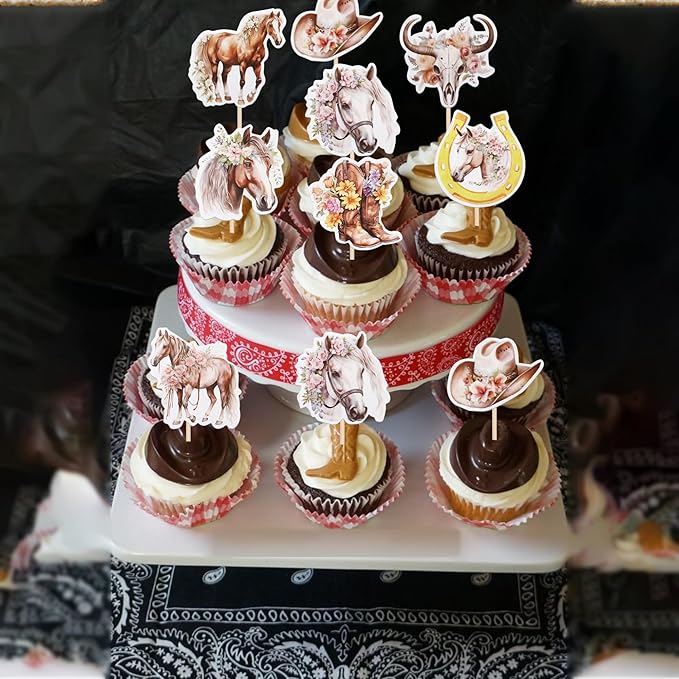ZHUOWEISM 40 PCS Horse Cupcake Toppers - Western Cowgirl Cupcake Picks - Floral Horseshoe Hat Boots - Cake Decorations for Horse Theme Parties, Baby Showers, Girls Birthday Parties - Pattern A8