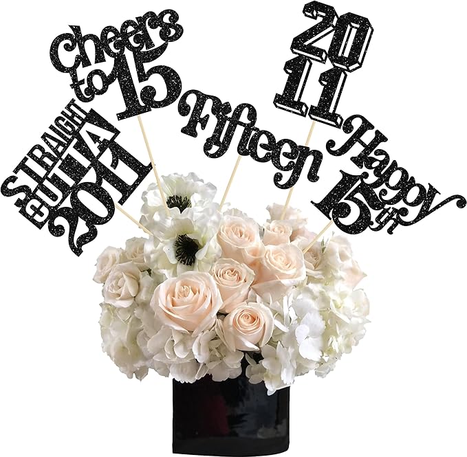 Gyufise 15Pcs Happy 15th Birthday Centerpiece Sticks Fifteen Straight Outta 2011 Table Flower Centerpieces Sticks for Cheers to 15th Birthday Party Supplies Black