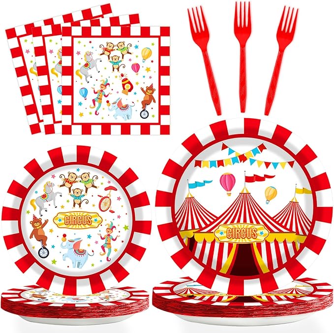 gisgfim 96 Pcs Circus Party Supplies Paper Plates Napkins Carnival Party Disposable Tableware Set Birthday Decorations Favors for Kids Baby Shower Circus Decor Serves 24