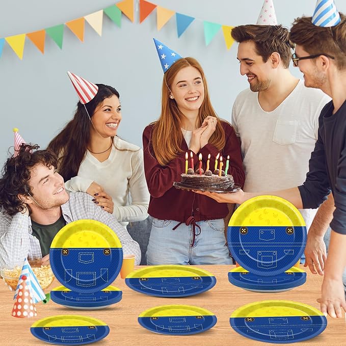 48pcs Yellow Cartoon Birthday Party Supplies Blue Jeans Paper Plates Cute Cartoons Dinner Dessert Plates Yellow Cartoon Theme Disposable Tableware for Boy Girl Birthday Baby Shower Party Decor