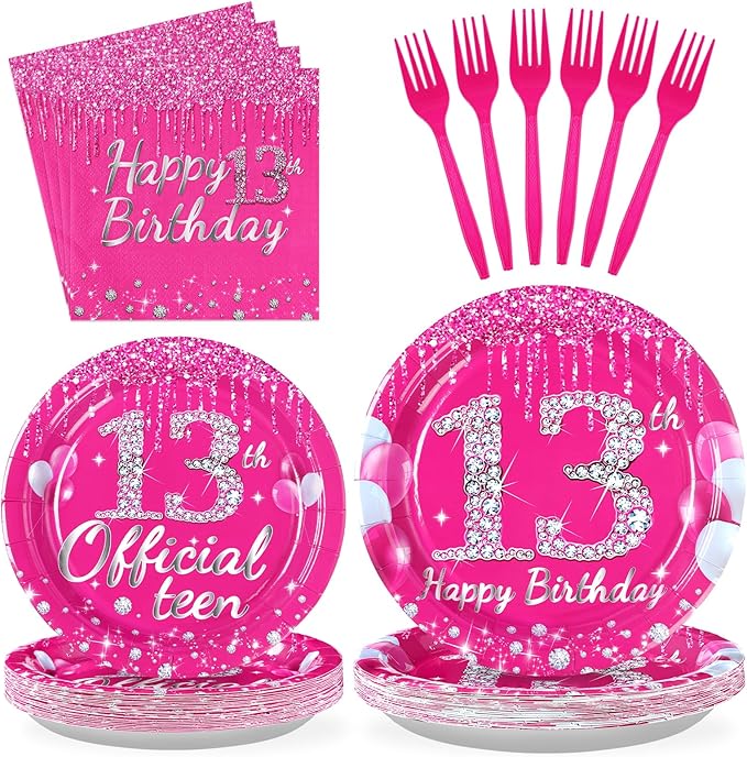 96 Pcs 13th Birthday Party Supplies Disposable Hot Pink 13 Plates and Napkins Tableware Set 13th Birthday Decorations for Girls Thirteen Official Teenager Happy 13 Years Old birthday Party Serves 24