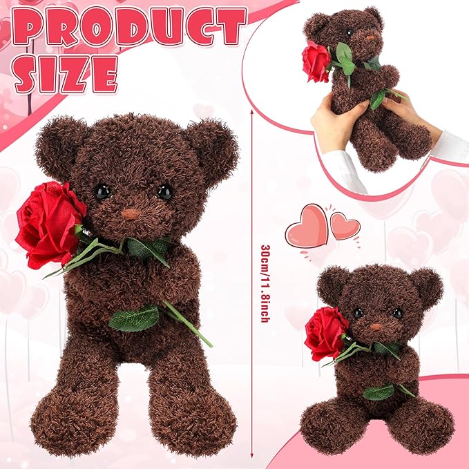 Civaner Bear Stuffed Animal Gift with Rose Funny Cute Bear Stuffed Animal Plush Gift for Mother Day Mom Birthday Wedding Christmas, 11.8 Inches(Brown)