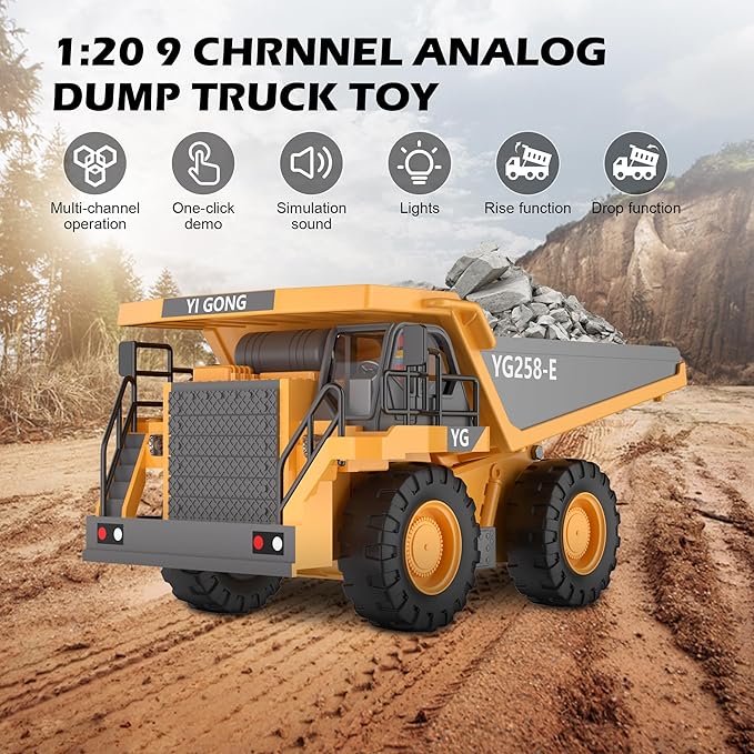 Remote Control Dump Truck RC 1/16 Fully Functional Engineering Vehicle, 9 Channel Dump Truck Toy 2.4Ghz with Lights and Sounds, for Kids Aged 6, 7, 8, 9, 10, 11 and Up