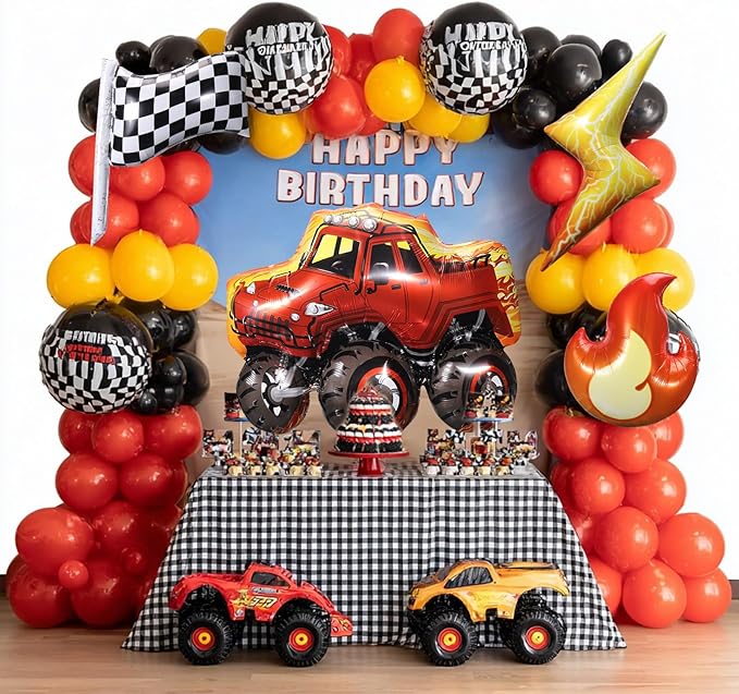 4 Pcs Truck Balloons, Huge Truck Flags Lightning Flame Aluminum Foil Balloons for Birthday, Baby Shower, Race Car Theme Party Decorations Supplies
