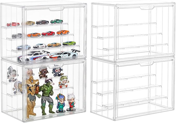 4 Pack Display Case for Collectibles 4 Layer Updated Adjustable Acrylic Display Case with Magnetic Door Clear Stackable Display Box Hobby Display Cases for Figures
