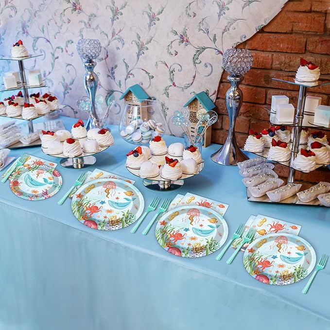 96 Pcs Under The Sea Plates and Napkins Party Supplies Ocean Birthday Party Tableware Set Ocean Animal Underwater Sea Life Party Decorations Favors for Birthday Shower for 24 Guests