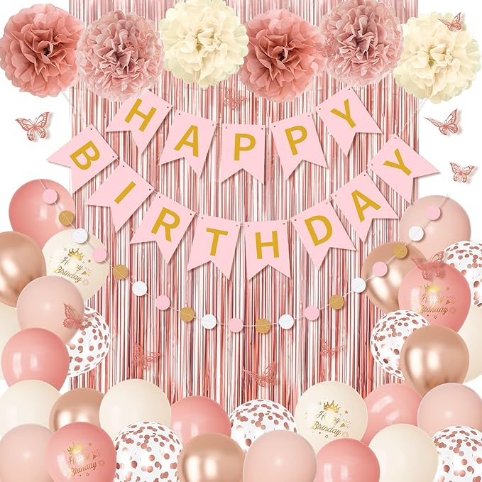 Pink Decorations for Women Girls, Dusty Pink Sand Rose Gold Metallic Printed Balloons Butterfly Stickers Fringe Curtain Happy Birthday Banner Circle Dots Garland Paper Pompoms Valentines Supplies
