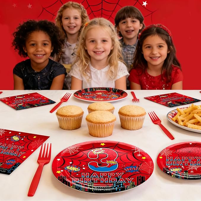 Red Spider 3rd Birthday Party Supplies, Spider Web Birthday Plates Set Include Paper Plates, Napkins, Forks for Spider Themed Party Favors
