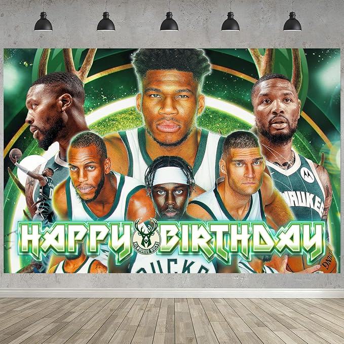 Milwaukee Basketball Birthday Party Decoration,Bucks Party Photo Background 5 x 3 FT and 18 Pcs Balloon,Merch Party Backdrop Supplies