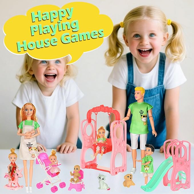 ebuddy Family Dolls Playset with Slide Swing and Baby Stroller - 7 People, Pets & Accessories for 3-12 Years Old Toddler Gift