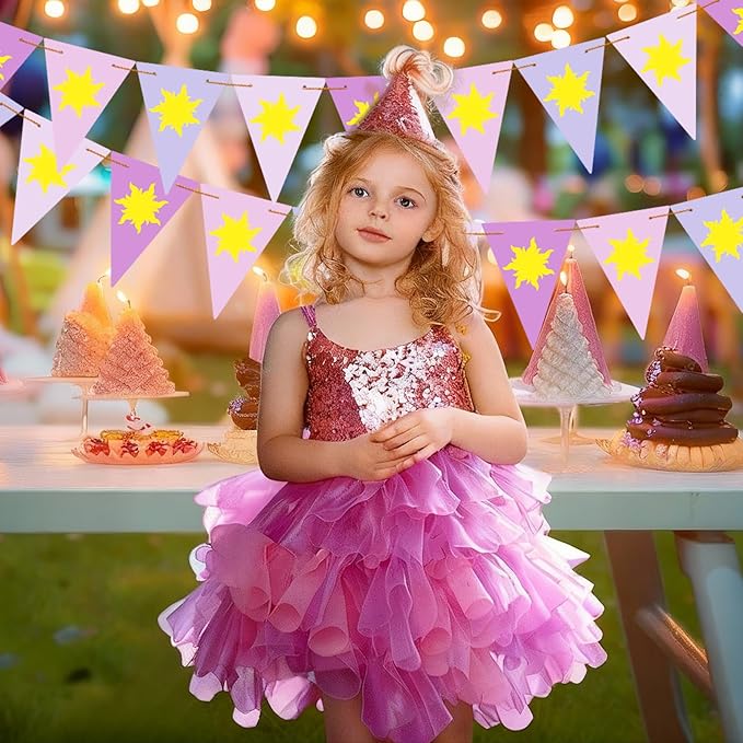 Purple Sun Flag Happy Birthday Banner - Purple Sun Bunting Birthday Banner Party Decoration Flag String Bunting Garland for Supplies Decor Wedding Lavender Photo Props