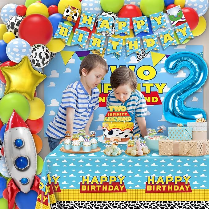 Two Infinity and Beyond Birthday Decorations - 105 Pcs Toy Inspired Story 2nd Birthday Party Supplies Include Banner, Balloons, Backdrop Film, Balloon Cake Topper, Tablecloth