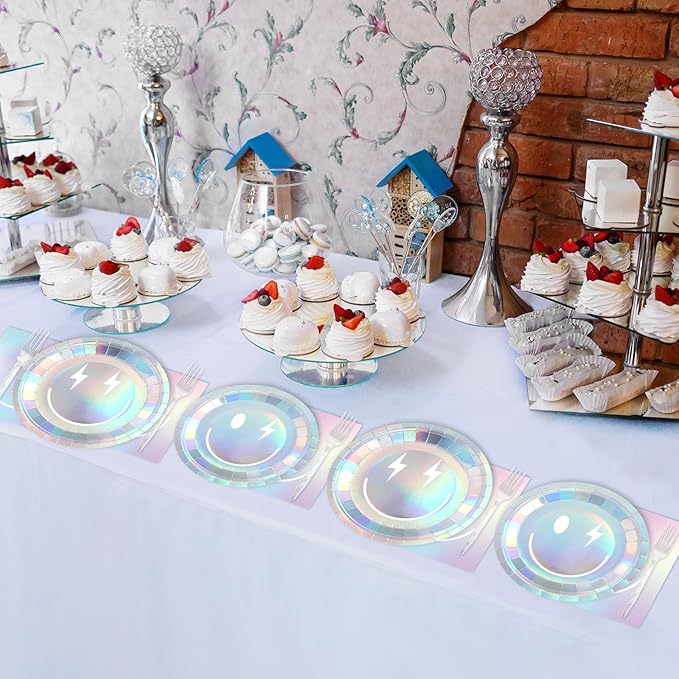 96Pcs Iridescent Party Supplies Smile Face Paper Plates Napkins Holographic Foil Laser Party Tableware Set Holographic Dinnerware for Birthday Baby Shower Decoration Serve 24