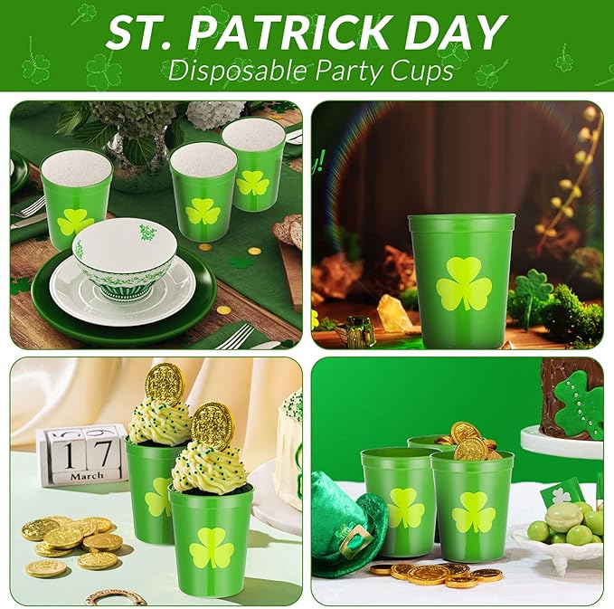 Patelai 32 Pcs St Patricks Day Party Plastic Cups Bulk 16 oz Reusable Lucky Shamrock Cups for St Patricks Day Party Adults Drink Snacks Irish Festival Favors Supplies(Green)