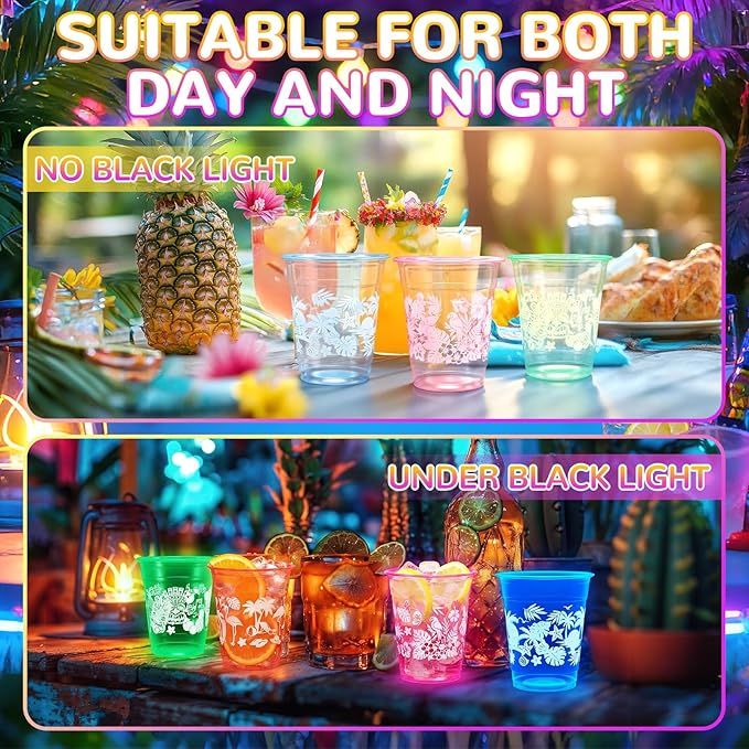 Remerry 100 Pack 12 oz Neon Hawaiian Luau Glowing Cups Disposable Glowing in The Dark Cups Luau Party Decorations for Hawaiian Beach Theme Birthday Summer Supplies