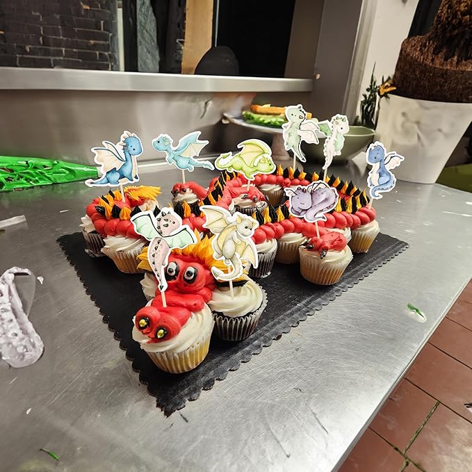 Ephlyn 36Pcs Dragon Party Cupcake Toppers Dragon Birthday Party Decoration Fantasy Dragon Cake Decorations for Flying Dragon Baby Shower Supplies