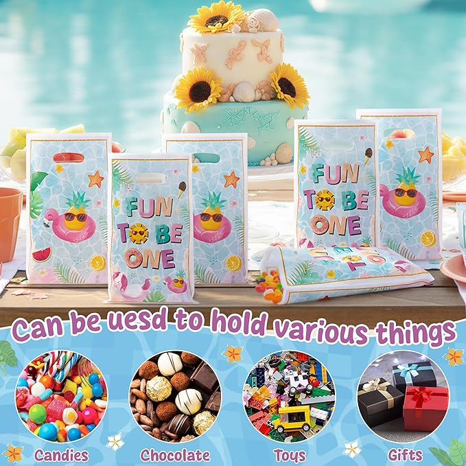 50Pcs Summer Pool Party Favor Bag Watercolor Pool Fun to Be One Goodie Treat Candy Gift Bag Summer Beach 1st Birthday Party Decor for Baby Boy Girl First Birthday Hawaii Beach Swimming Events Supplies