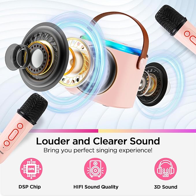 Mini Karaoke Machine with 2 Wireless Microphones for 5+ Years Old Kids, Rechargeable Portable Bluetooth Karaoke Singing Speaker with Voice Changing, RGB Light, for Birthday, Family, Home Party Gift