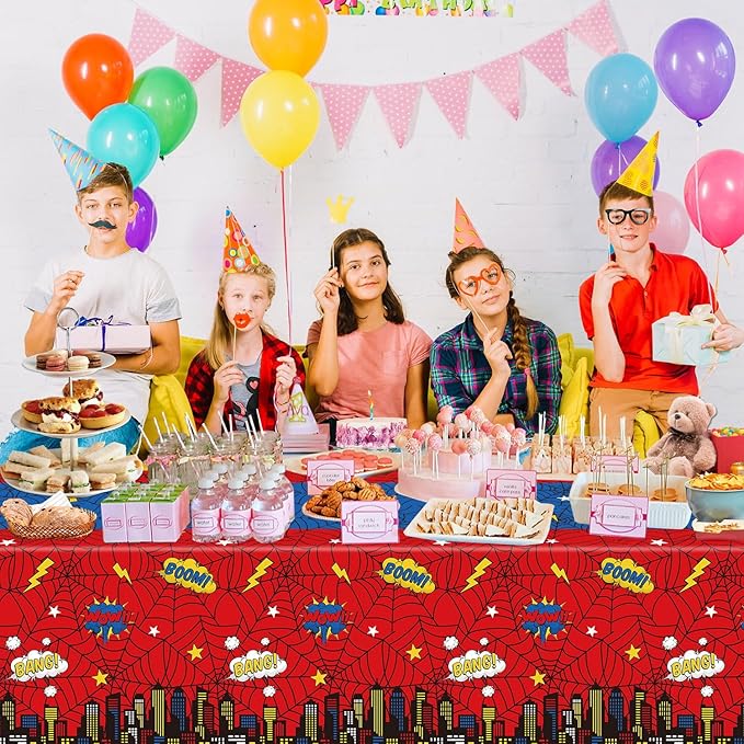 4Pack Spider Web Themed Birthday Party Tablecloths Red Blue Cartoon Plastic Table Cover City Web Theme Table Cloth for Baby Shower Kids Boys Birthday Party Supplies 86X51inches