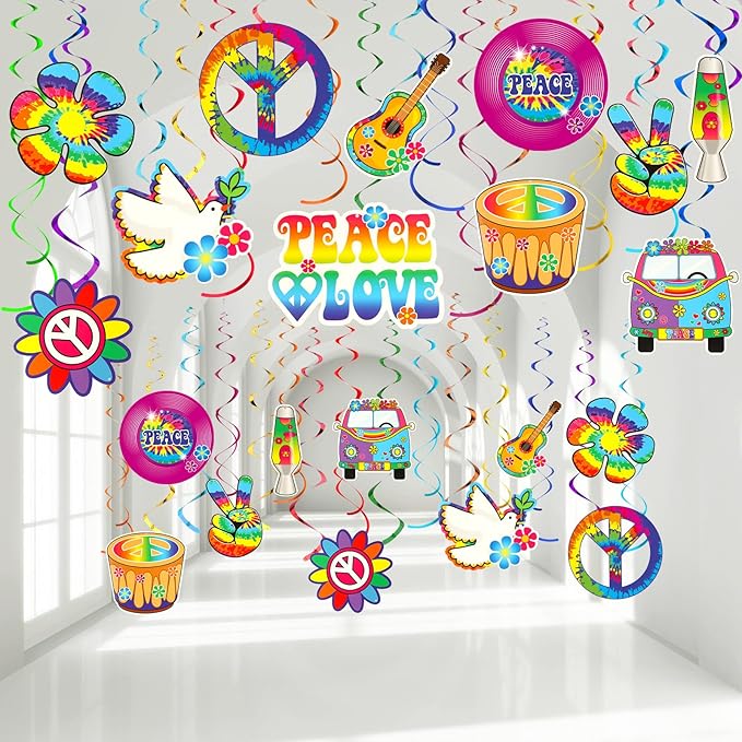 60s 70s Hippie Party Decorations Foil Swirl Decorations, 60s 70s Peace Out Sign Groovy Retro Party Retro Flower Cutouts Peace Sign Hanging Swirls Ceiling for Hippie Groovy Birthday, 30 Count(Novel)