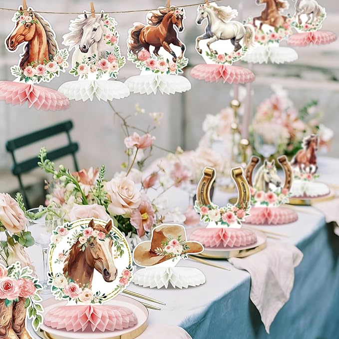 Tarklanda 12 Pcs Cowgirl Honeycomb Centerpieces Floral Horse Table Toppers Western Girl Centerpieces Decorations for Birthday Wedding Party Baby Shower Supplies