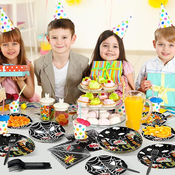 Black Spider Birthday Party Supplies - 96PCS Black Spider Birthday Party Plates and Napkins Forks Disposable Tableware Birthday Parties Table Dinnerware Baby Shower Plates Serve 24 Guests