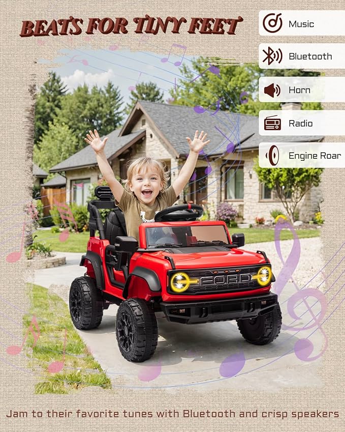 First Ride On Ford Bronco Raptor Licensed 12V Ride on Toys, Kids Ride on Car with Remote Control, Electric Car for Toddler with Smooth Start, Openable Doors, MP3 Player, 3 Speeds (12V, Red)