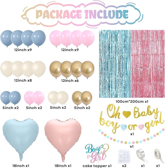 Boy or Girl Gender Reveal Decorations, Dusty Pink Blue Sand White Gold Latex Foil Balloon Oh Baby Banner Boy or Girl Cake Topper Fringe Curtain for Boho Baby Shower Gender Reveal Party Decoration