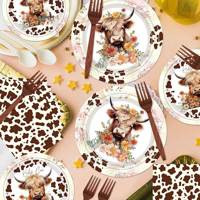 Highland Cow Party Supplies Tableware - 96 Pcs Brown Cow Tableware Disposable Plates Napkins Forks Sets for 24 Guests, Highland Cow Party Decorations Animal Party Favor for Baby Shower Kids Birthday