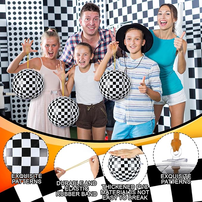 12 Pcs Punching Balloons for Kids PVC Inflatable Punch Bouncy Balloon Heavy Duty Race Car Party Favors Goodie Bags Stuffers Classroom Rewards Carnival Toy Prizes(Black White Checkered)