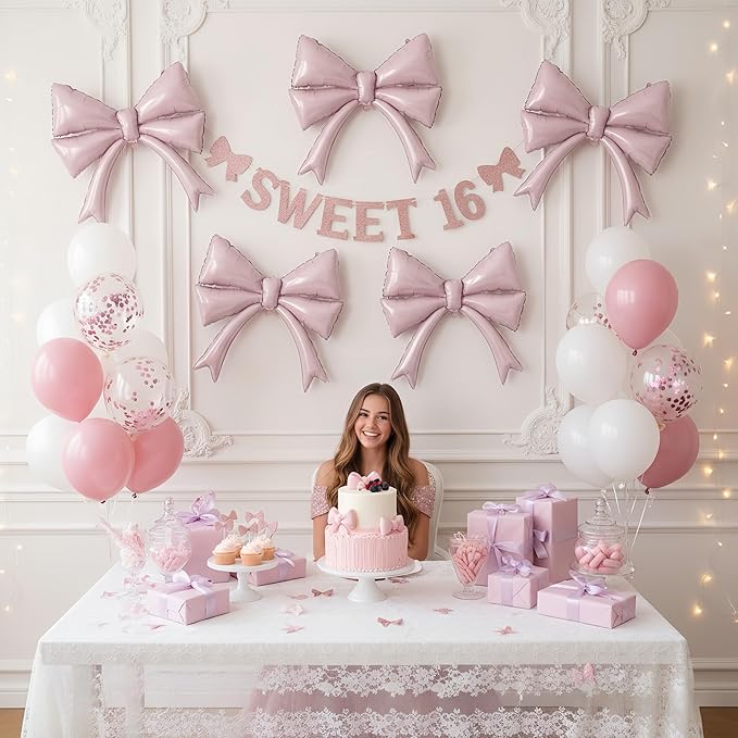 Retor Pink Bow Balloons Coquette Birthday Decorations, 4pcs Giant Dusty Baby Pink Bow Foil Mylar Balloon for Girls Women Bow Themed Party Decor Baby Shower Bridal Wedding Bachelorette Party Supplies