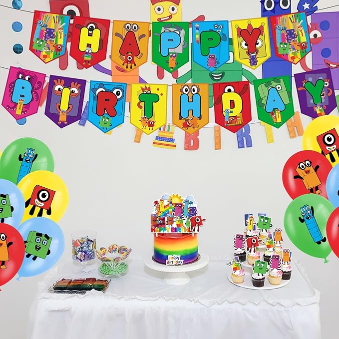 Number Birthday Party Decorations, Cartoon Number Advanture Theme Party Supplies with Banner, Cake Topper, Cupcake Toppers, Balloons for Boys Girls Birthday Baby Shower Party Favors