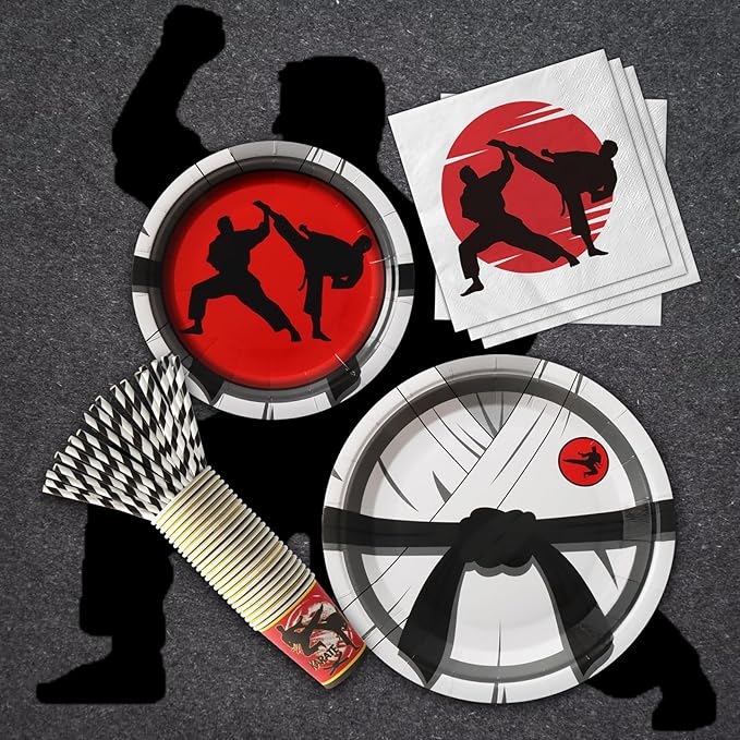 Karate Birthday Party Decorations, 120Pcs Karate Themed Party Supplies Disposable and Dynamic Tableware Includes Paper Plates, Napkins, Cups and Straws | Serves 24