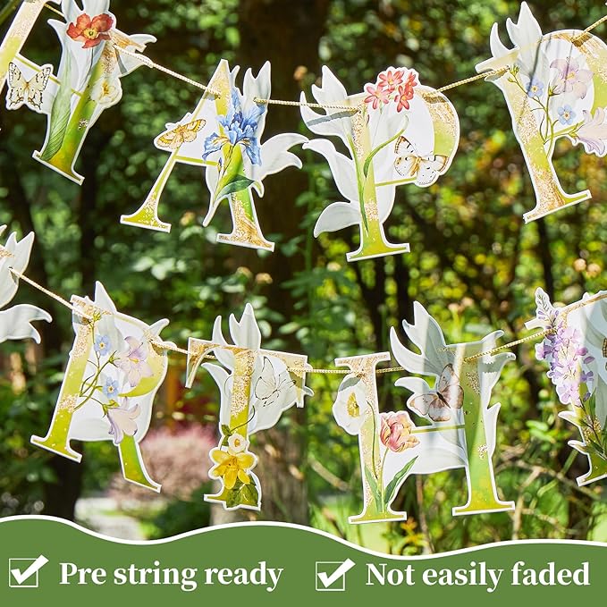 Paper Jazz Wildflower Party Birthday Banner,Butterfly Happy Birthday Banner,Floral Party Decorations for Garden Tea Party Baby Shower For Girl and Women