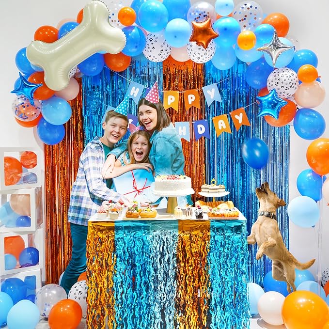 Blue Dog Birthday Party Decorations Supplies, Blue Tinsel Foil Fringe Curtain Backdrop Table Skirt Decor Balloon Garland Arch Happy Birthday Banner Kit for Boy Girls -110 Pcs