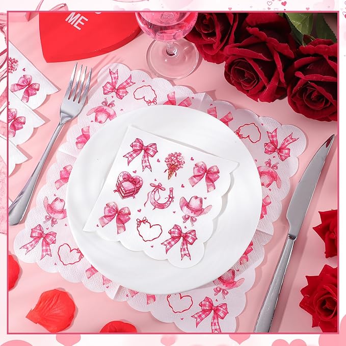 100 Pcs Bow Napkins, Scalloped Pink Bow Western Cowgirl Party Decorations Disposable Dessert Beverage Napkins for Bachelorette, Girls Birthday, Bridal Baby Shower