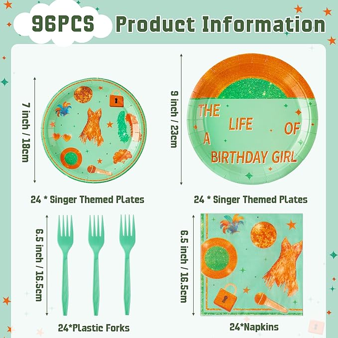 Singer Birthday Party Supplies - 96pcs Paper Plates Napkins Plastic Forks Girl Little Birthday Party Table Decoration The Life of A Birthday Girl Disposable Cake Tableware Set for 24 Guests