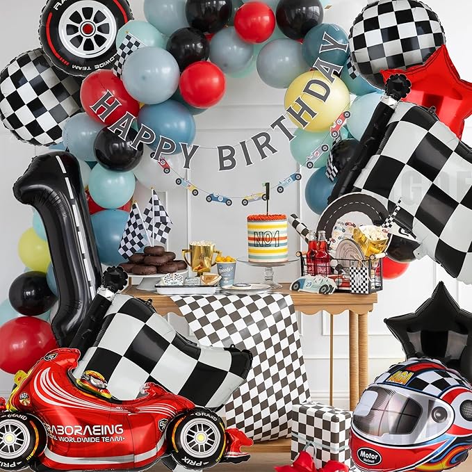 GGDE Race Car Balloons Tire Balloon Chequered Flag Balloons Helmet Balloons Baby Shower Kids Two Fast Speedy Race Car Themed Birthday Party Decor Supplies 10 Pcs Kit, Big