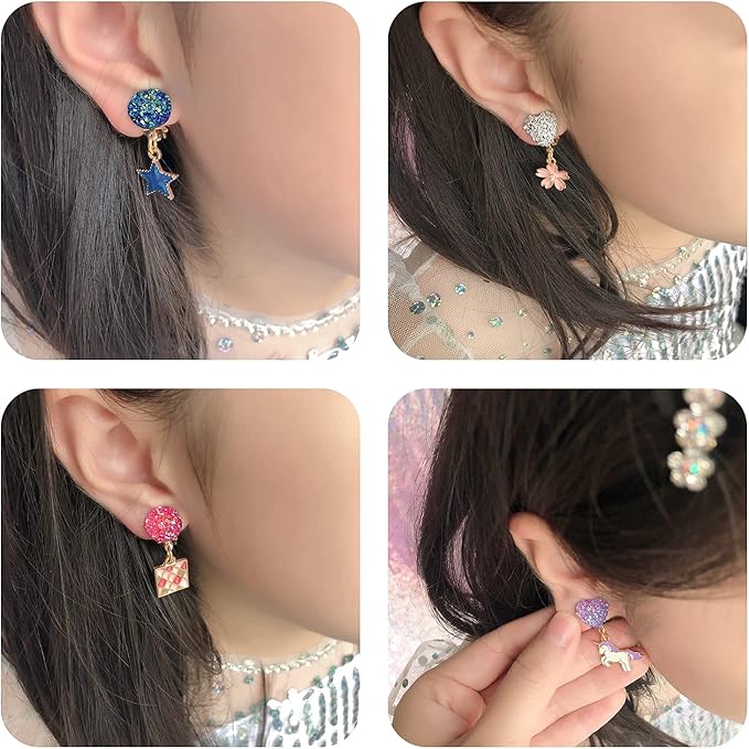 12 Pairs Clip On Earrings Girl Party Favor Princess Clip on Earrings Pretend Play Unicorn Earrings for Little Girl Kids Toddlers Jewelry Set