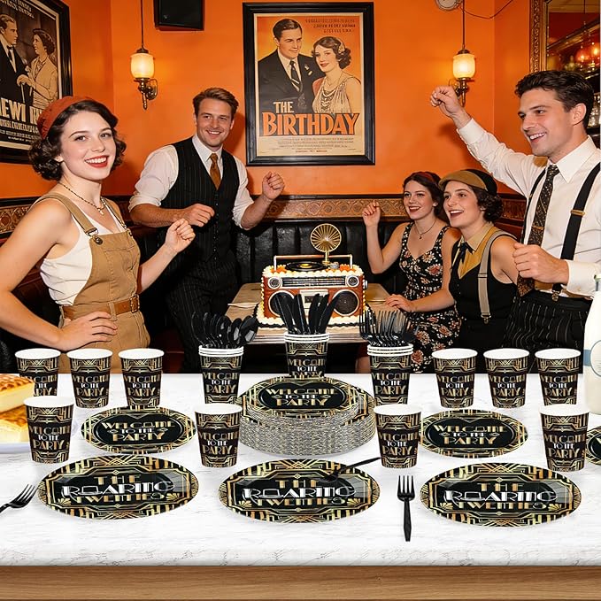 168Pcs Roaring 20s Party Decorations Great 1920s Party Plates Napkins Cups Forks Knives Spoons Black and Gold Retro Jazz Tableware for Speakeasy Bachelor Retirement Movie Night Supplies Serves 24