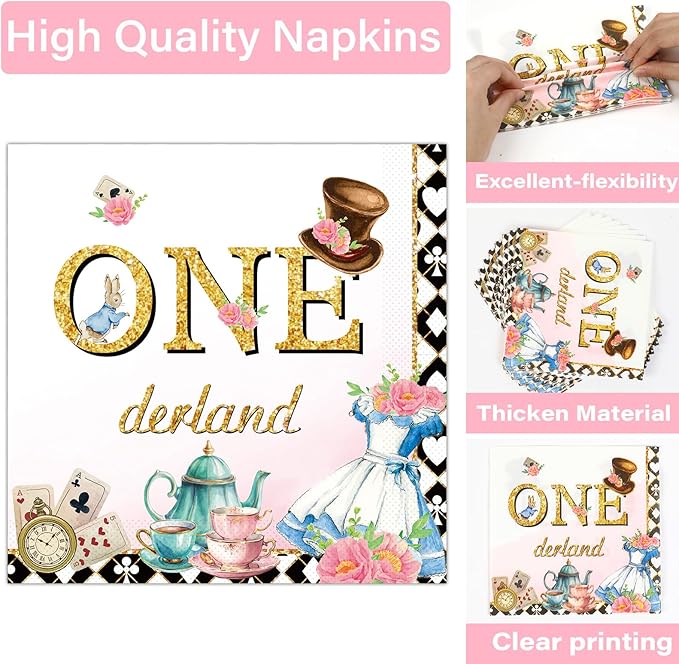 100Pcs Wonderland 1st Birthday Party Supplies - Onederland 1st Birthday Paper Plates, Napkins, Fork Set, Disposable Fairy Tableware Decorations for Girls Baby Shower Dinner Serves 25
