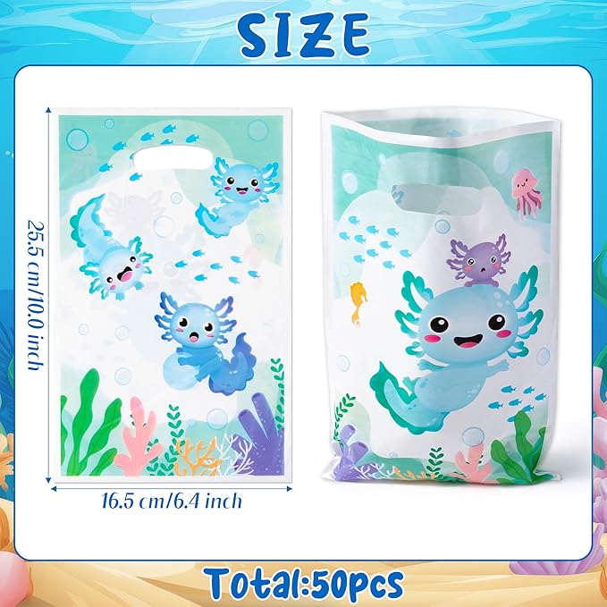 3sscha 50Pcs Blue Axolotl Party Favor Bags - Amphibian Themed Waterproof Goodie Bag with Die Cut Handles Reptile Animals Water Plants Plastic Gift Pack for Kids Birthday Baby Shower Decors Supplies