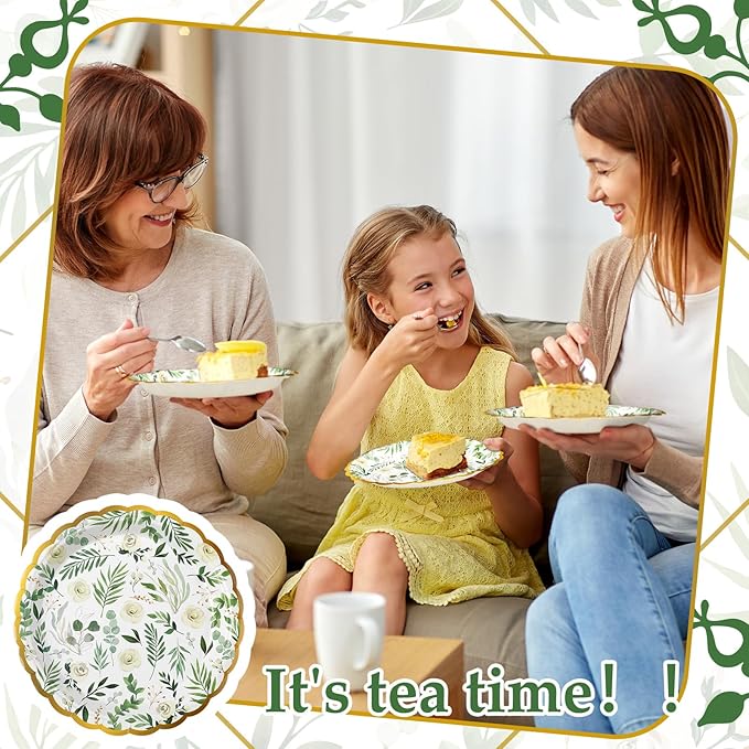 60 Pcs Eucalyptus Paper Plates 7 Inch Baby Showers Green Leaves White Flowers Dessert Disposable Dinner Summer Party Plates for Weddings Gender Reveal Afternoon Tea