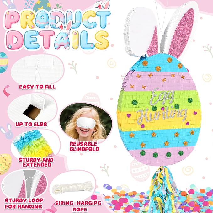 25" Easter Decorations Pinata Bunny Egg Piñata with Blindfold, Bat and Filler, Funny Cute Party Favors for Cute Birthday Pinata Egg Theme Kids and Adults Party Supplies Decoration