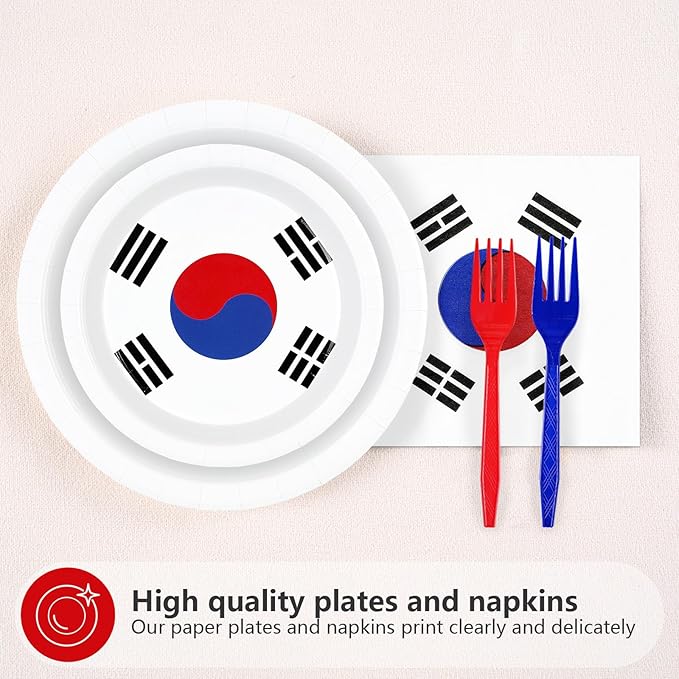 96 Pcs South Korea Flag Themed Party Supplies Disposable South Korean Paper Plates and Napkins Korean National Flag Tableware Set for Country Decoration Party Supplies, Serves 24