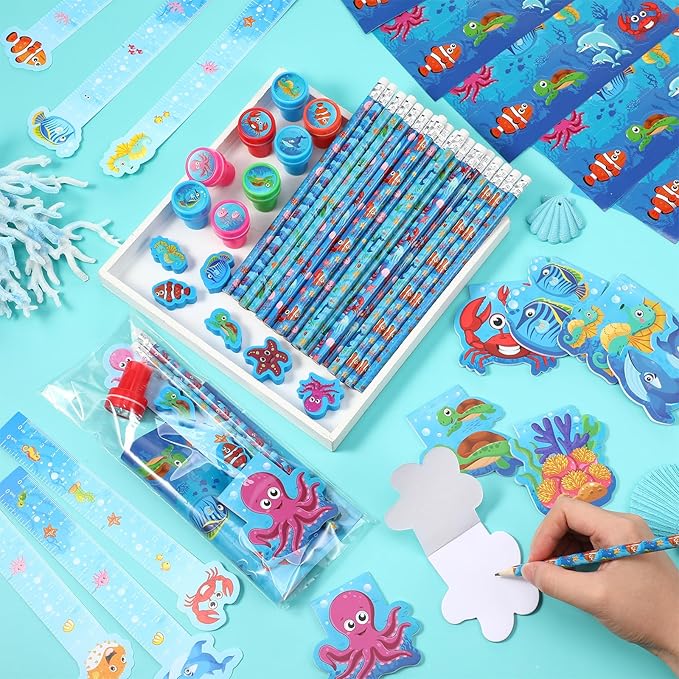PerKoop 168 Pcs Under The Sea Stationery Ocean Themed Goodie Bag Stuffers Party Supplies with Mini Ocean Notebook Pencil Sticker Stationery Gift Set for Sea Animals Prizes Rewards Piñata Fillers